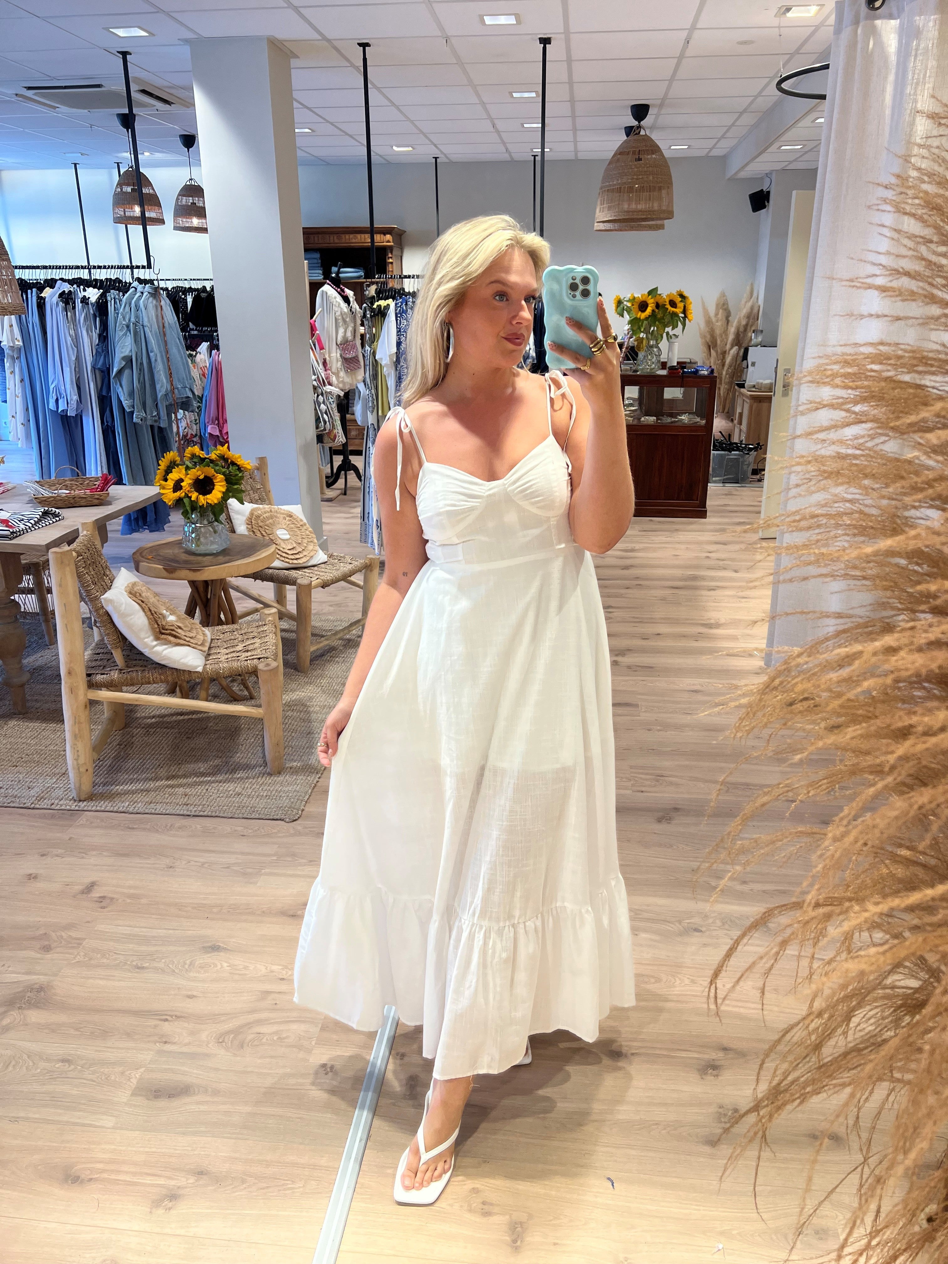 Linnen maxi jurk met bustier top wit Flora – Especially by Daan